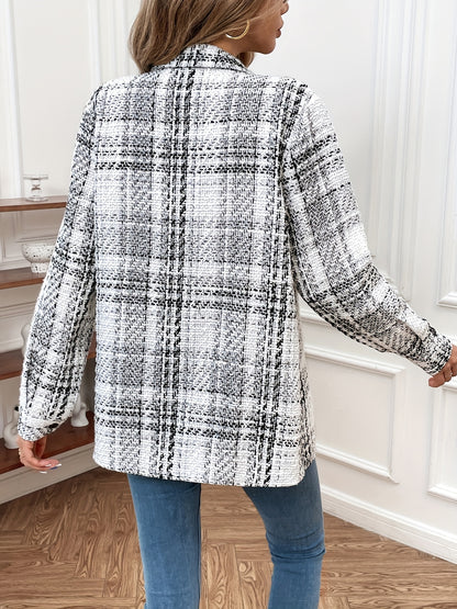 dunnmall Plaid Pattern Simple Jacket, Vintage Button Front Long Sleeve Outerwear, Women's Clothing