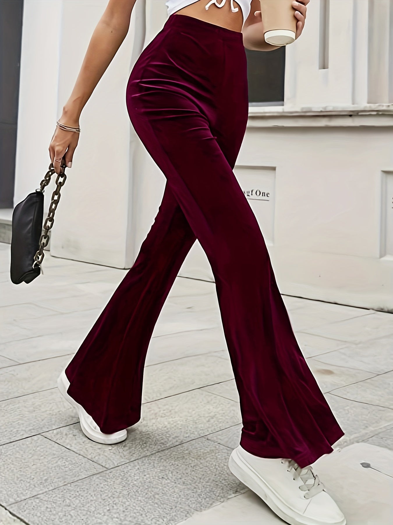 Solid Velvet Flare Leg Pants, Elegant High Waist Slim Pants, Women's Clothing