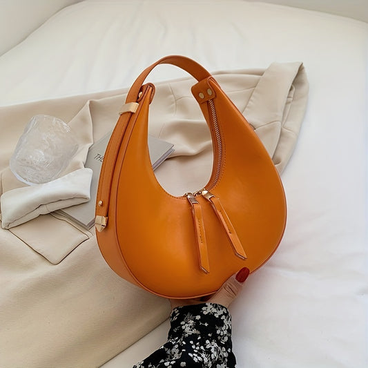 Chic PU Leather Baguette Bag - Retro-Inspired Crescent Shape, Solid Color with Convenient Zipper Closure, Versatile Underarm Fashion Accessory for Everyday Elegance