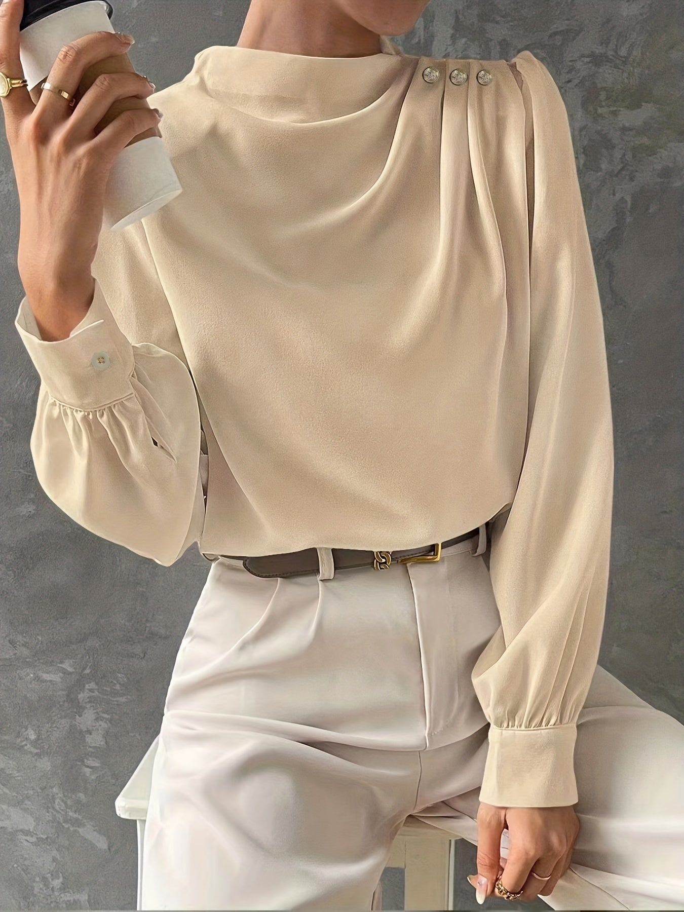 dunnmall  Solid Tucked Blouse, Elegant Mock Neck Long Sleeve Blouse, Women's Clothing