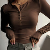 dunnmall  Ribbed Button Front T-Shirt, Casual Long Sleeve Top For Spring & Fall, Women's Clothing