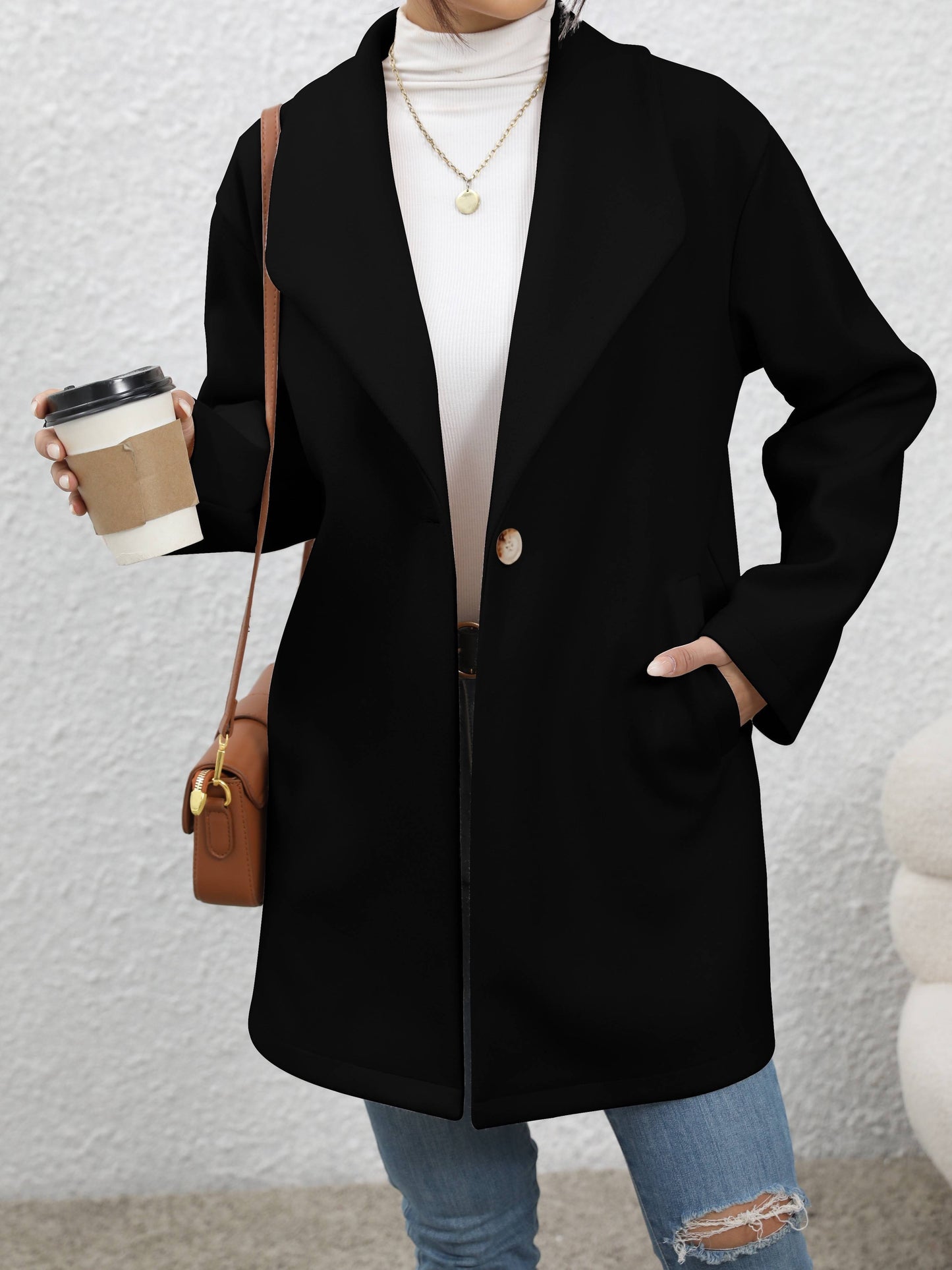 Solid One Button Overcoat, Casual Long Sleeve Outerwear With Pockets, Women's Clothing