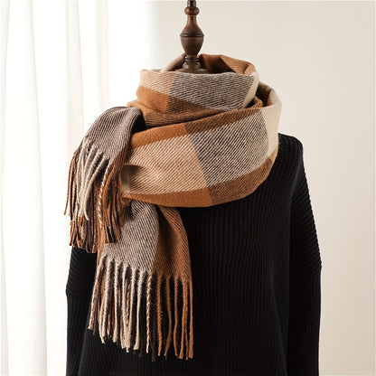 Thick Soft Plaid Tassel Scarf - Warm, Versatile, and Stylish Neck Accessory for Autumn and Winter - Polyester Made, Preppy Style, Weekend Casual Wear, Inelastic, and Feather-Free