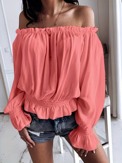 Off Shoulder Ruffle Trim Blouse, Casual Long Sleeve Blouse For Spring & Fall, Women's Clothing