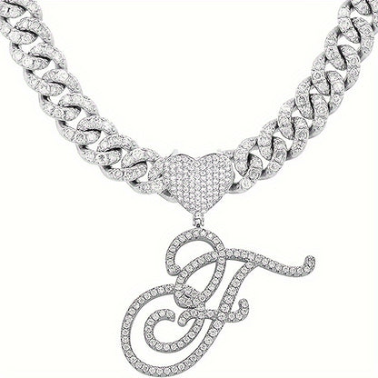 1 Piece Initial Necklace Men Women Silvery Cuban Chain Ice Rhinestone With Heart Shaped Letter Pendant Necklace Hip Hop Jewelry Gift