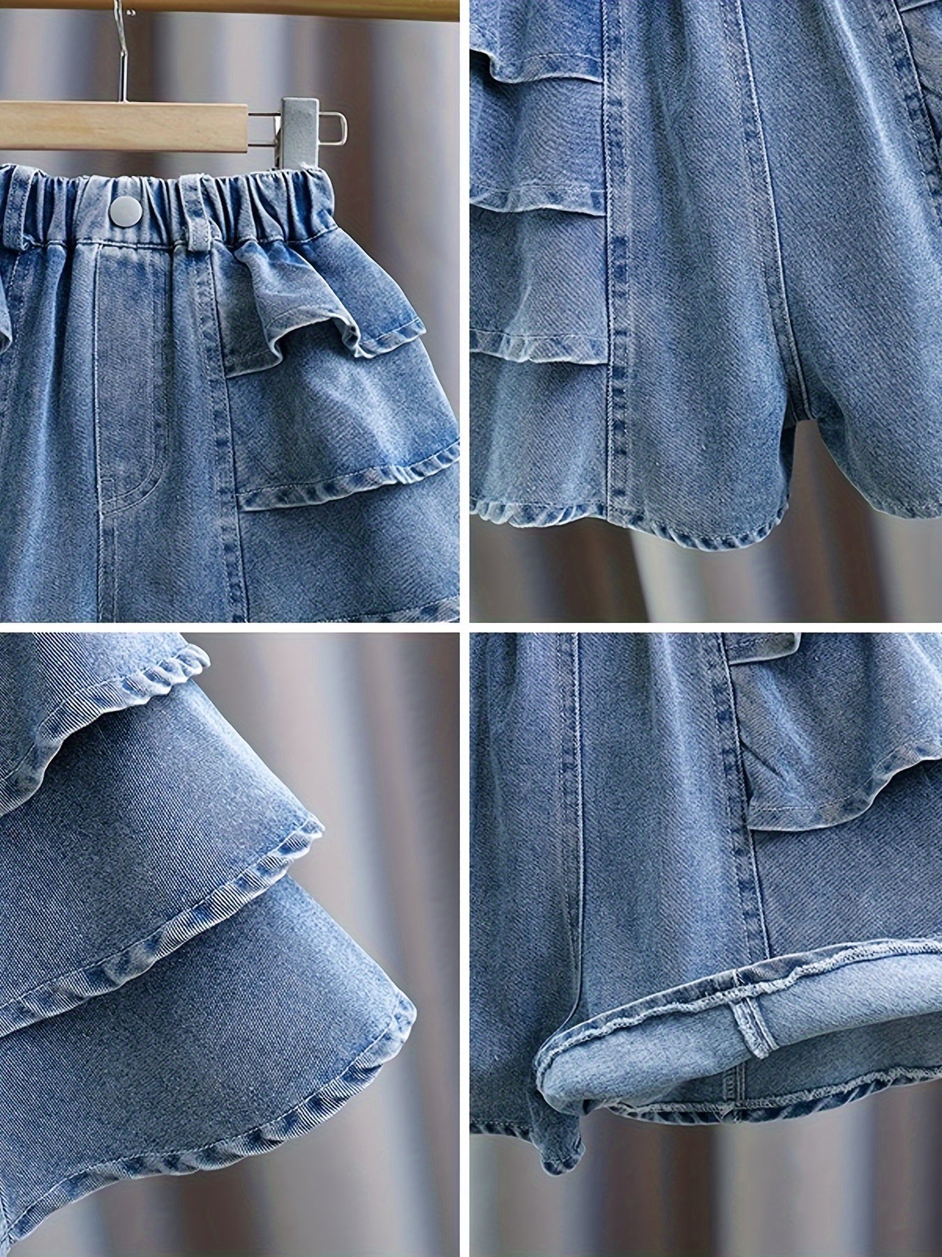 dunnmall  100% Cotton Girls Comfy Ruffle Trim Denim Skort Shorts For Summer Party