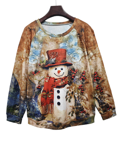 Women's Plus Size Casual Long Sleeve Crew Neck Pullover Sweatshirt with Snowman Print, Comfortable Winter Wear