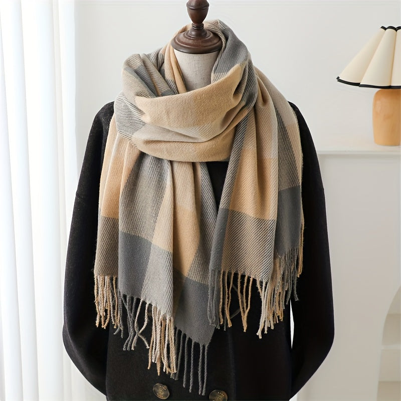 Thick Soft Plaid Tassel Scarf - Warm, Versatile, and Stylish Neck Accessory for Autumn and Winter - Polyester Made, Preppy Style, Weekend Casual Wear, Inelastic, and Feather-Free