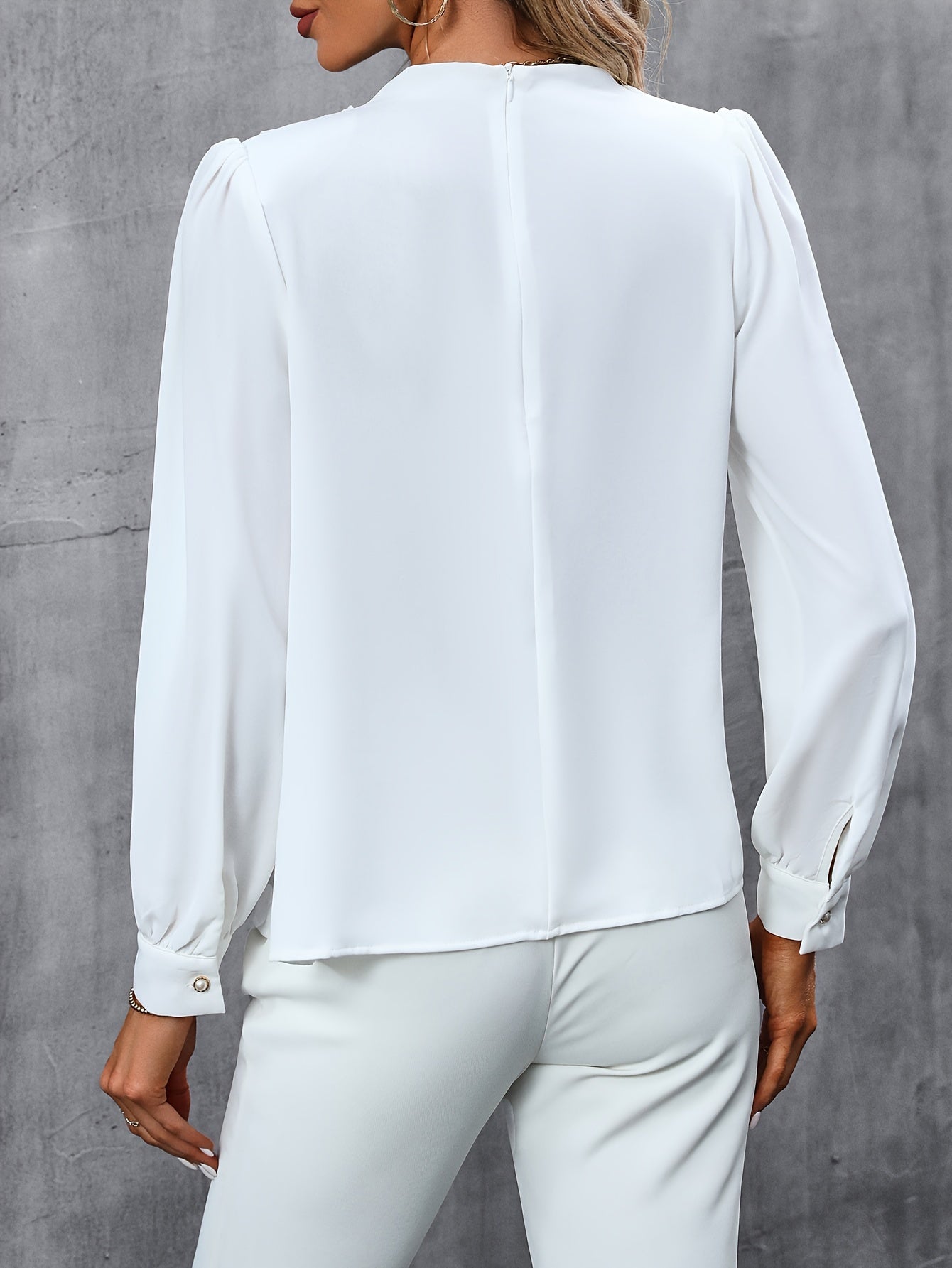 Ruched Solid Blouse, Elegant Long Sleeve Work Office Blouse, Women's Clothing