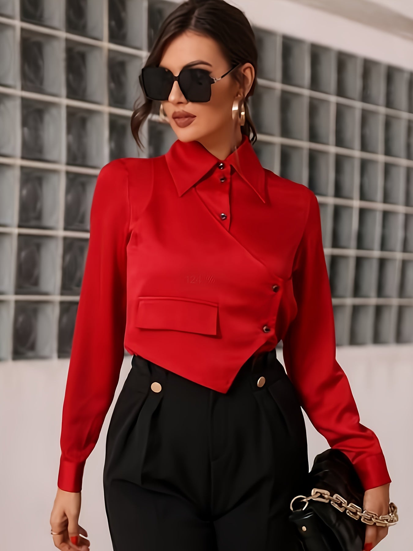 dunnmall  Button Front Asymmetric Crop Blouse, Stylish Long Sleeve Lapel Blouse For Spring & Fall, Women's Clothing