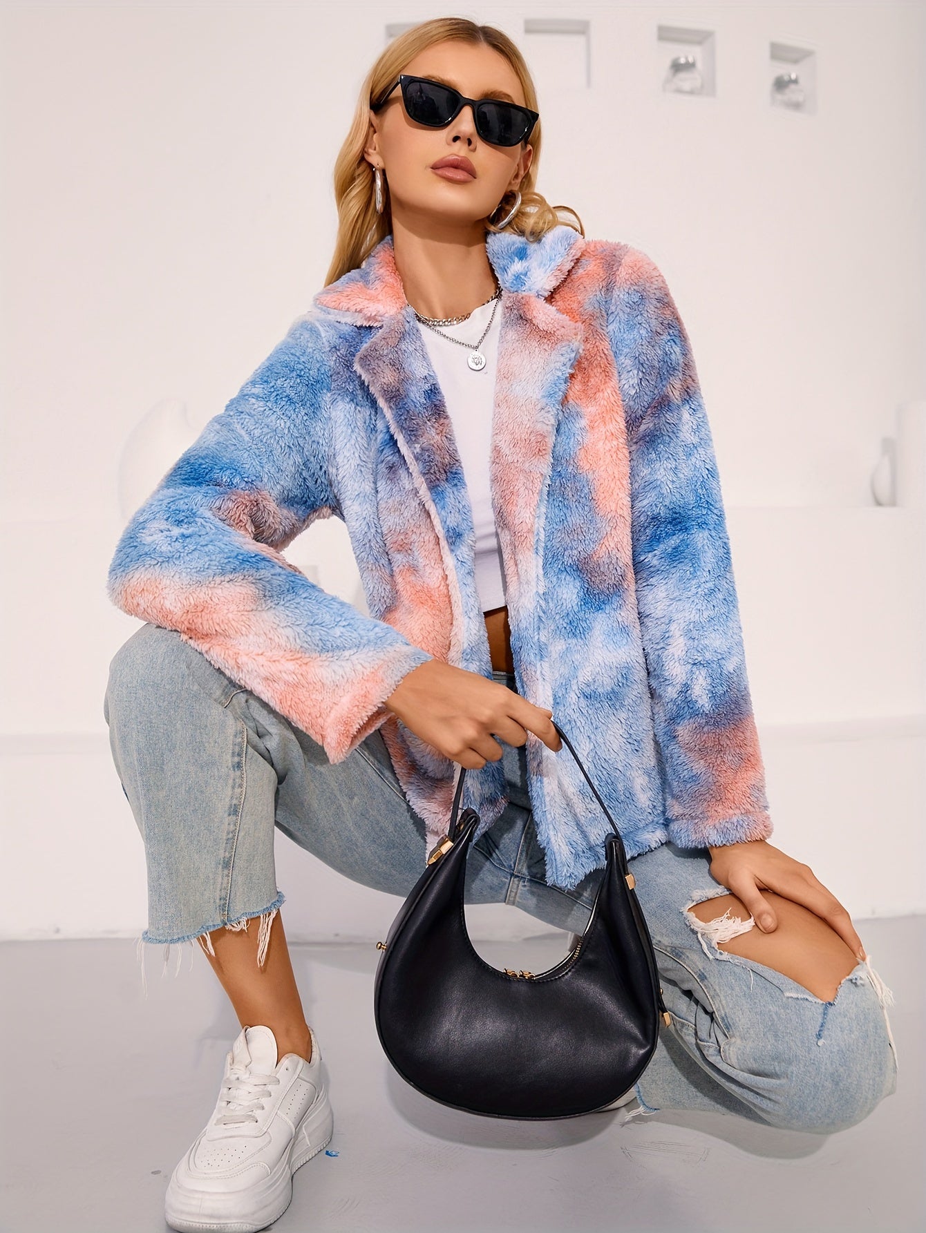 Tie Dye Fuzzy Fall & Winter Jacket, Elegant Open Front Long Sleeve Outerwear, Women's Clothing