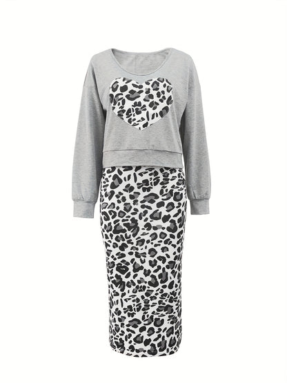 Leopard & Heart Print Two-piece Dress Set, Crew Neck Long Sleeve Top & Tank Dress Outfits, Women's Clothing