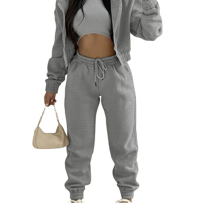 Solid Casual Three-piece Set, Zip Up Hooded Jacket & Sleeveless Crew Neck Tank Top & Drawstring Elastic Waist Jogger Pants Outfits, Women's Clothing