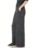 Solid Knit Wide Leg Pants, Casual Elastic Waist Pocket Comfy Pants, Women's Clothing