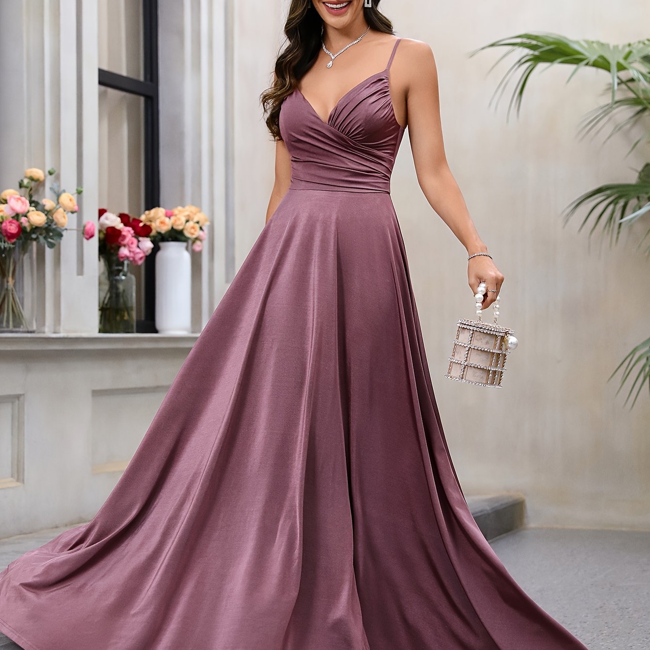 Solid Spaghetti Strap Dress, Elegant Surplice Neck Evening Dress For Party & Banquet, Women's Clothing