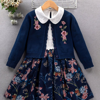 2PCS, 57% cotton Girl's Princess-Style Doll Collar Dress + Long-Sleeve Knit Cardigan - Comfy Fit And Fashion Design - Spring & Fall Clothes, Gift