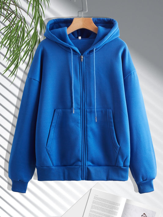 Women's Zip Up Casual Hoodie Solid Sweatshirt, Fashion Fall Long Sleeve Drawstring Hoodie