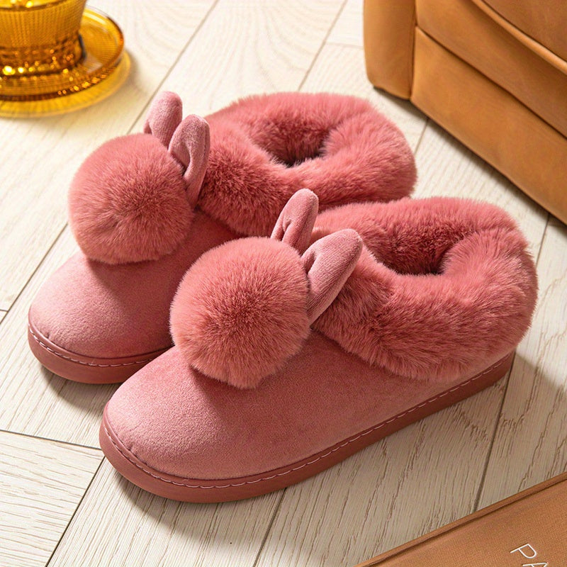 Women's Kawaii Rabbit Decor Slipeprs, Comfortable Plush Lined Slip On Shoes, Women's Warm Winter Shoes