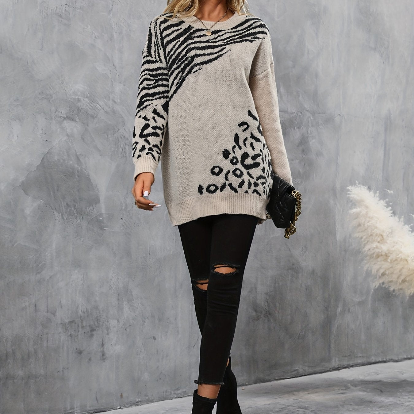 dunnmall  Leopard & Zebra Pattern Crew Neck Sweater, Vintage Long Sleeve Sweater For Fall & Winter, Women's Clothing