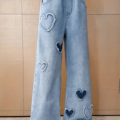 dunnmall Trendy Girls Heart Patch Baggy Jeans Loose Fit Denim Pants Comfy Versatile Streetwear Going Out