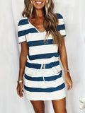 dunnmall  Striped V-neck Belt Cute Dresses, Casual Short Sleeve Dress, Women's Clothing