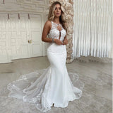 Sexy Mermaid Wedding Dresses  Scoop neck Lace Appliques Bridde Dress Open Back Country Bridal Gown Vestido de novie