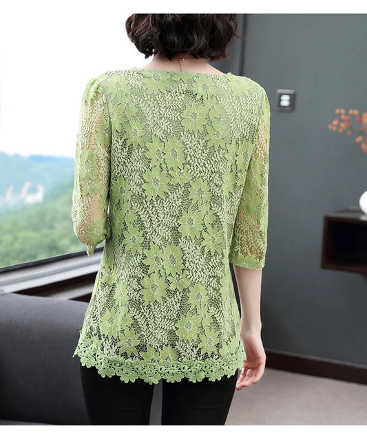 summer women lace blouses shirt vintage Embroidery Shirt Short Sleeve blouse ladies floral tops womens clothing L-5XL