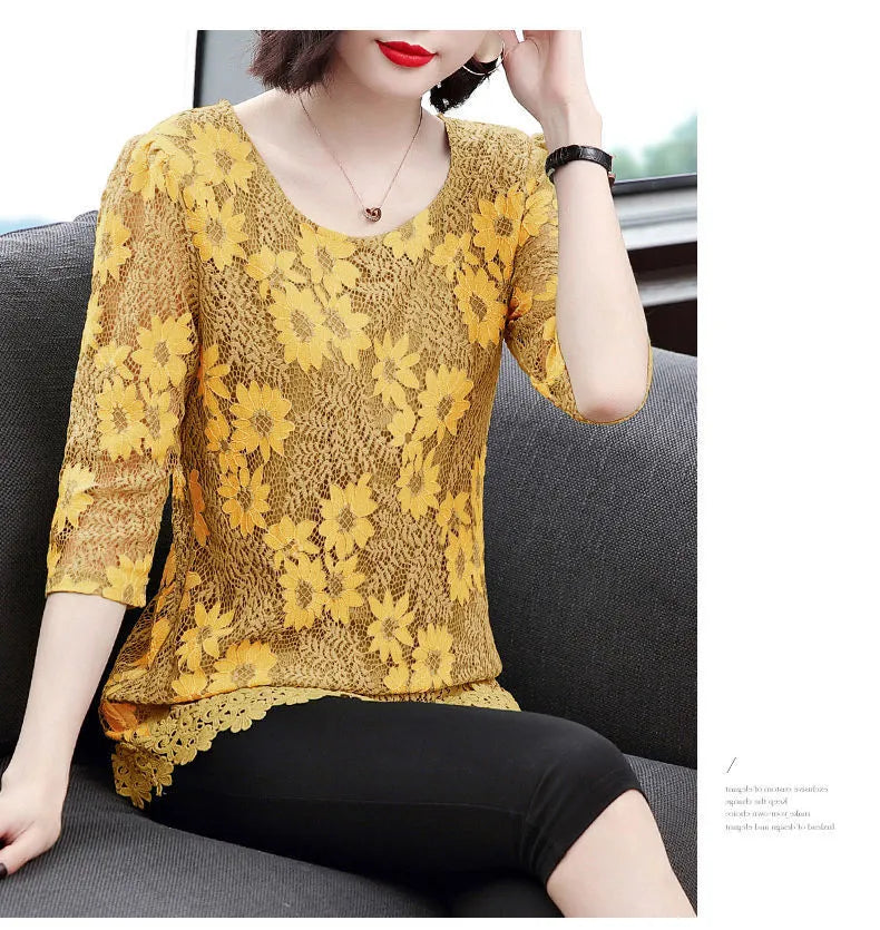 summer women lace blouses shirt vintage Embroidery Shirt Short Sleeve blouse ladies floral tops womens clothing L-5XL