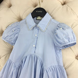 Preppy Style Summer Kids Girls Dresses Baby Girl Solid Blue Dress Fashion Children short sleeve clothing