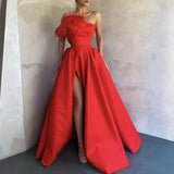 Elegant White Satin Prom Dresses Long Red Black Evening Gowns With Pockets Feather High Side Split Formal Dress Party Wear