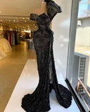 Glamorous Black Prom Dresses Strapless Evening Dress Custom Made Beading Side Split Ruffles Floor Length Celebrity Party Gown