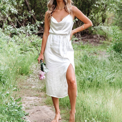 Dunnmall Satin in White Midi Dress