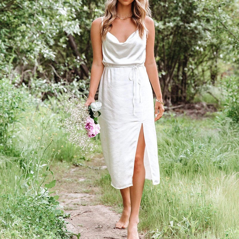 Dunnmall Satin in White Midi Dress