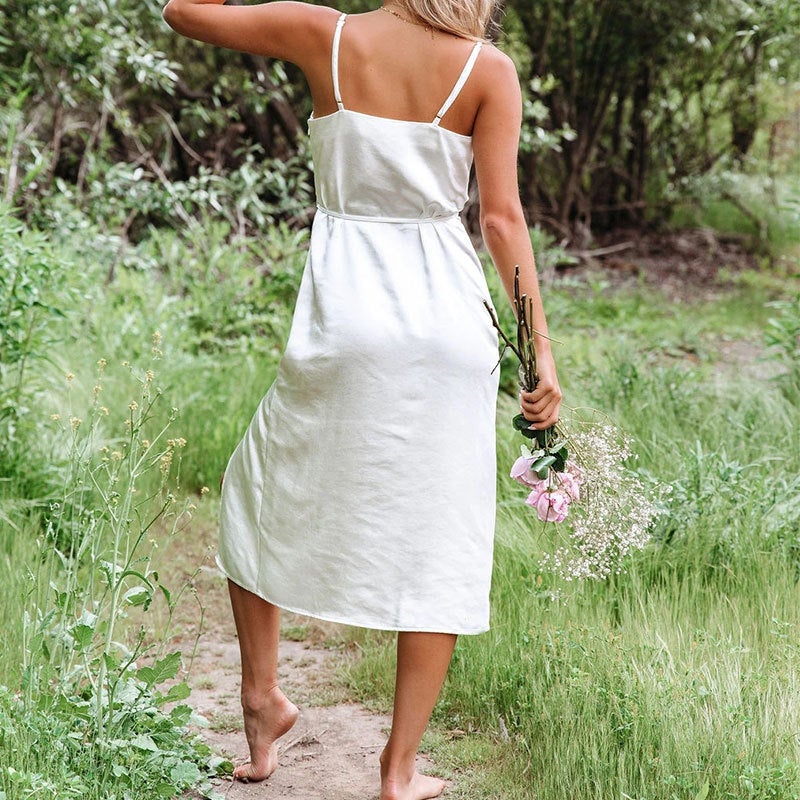 Dunnmall Satin in White Midi Dress