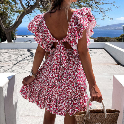 Dunnmall Floral Ruffle Tie Back Mini Dress