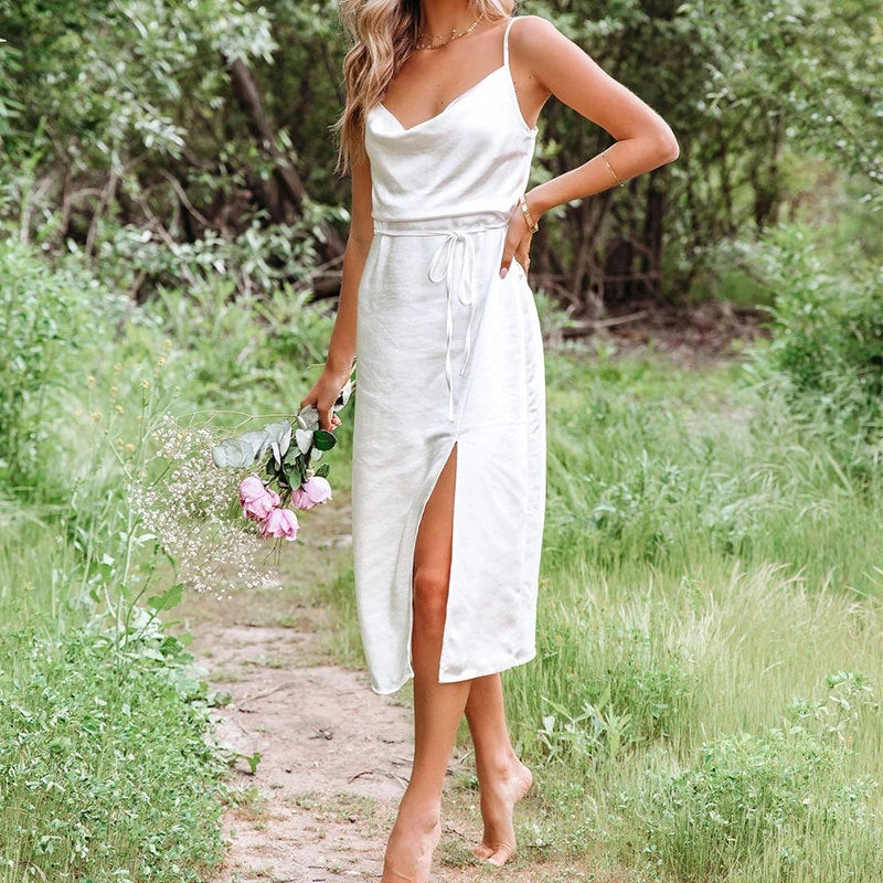 Dunnmall Satin in White Midi Dress