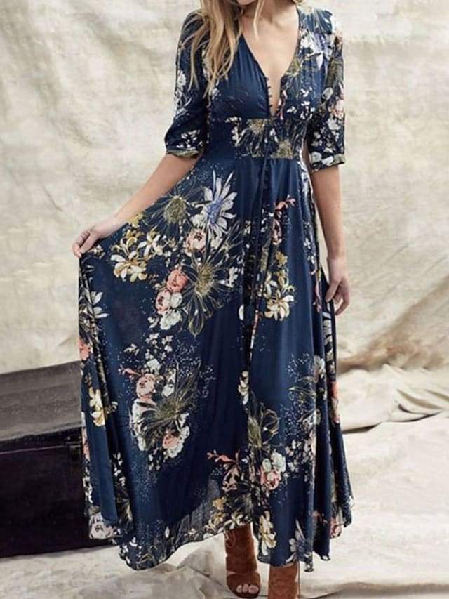 Dunnmall Women's Swing Dress Maxi Long Dress Blue Green Half Sleeve Floral Ruffle Print Summer V Neck Hot Casual Boho 2021 S M L XL XXL 3XL 4XL