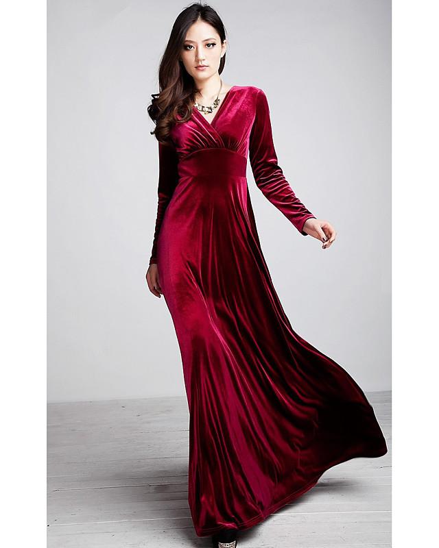 Dunnmall Women's Sheath Dress Maxi long Dress Black Purple Wine Green Royal Blue Long Sleeve Solid Colored V Neck Hot Velvet S M L XL XXL 3XL / Plus Size