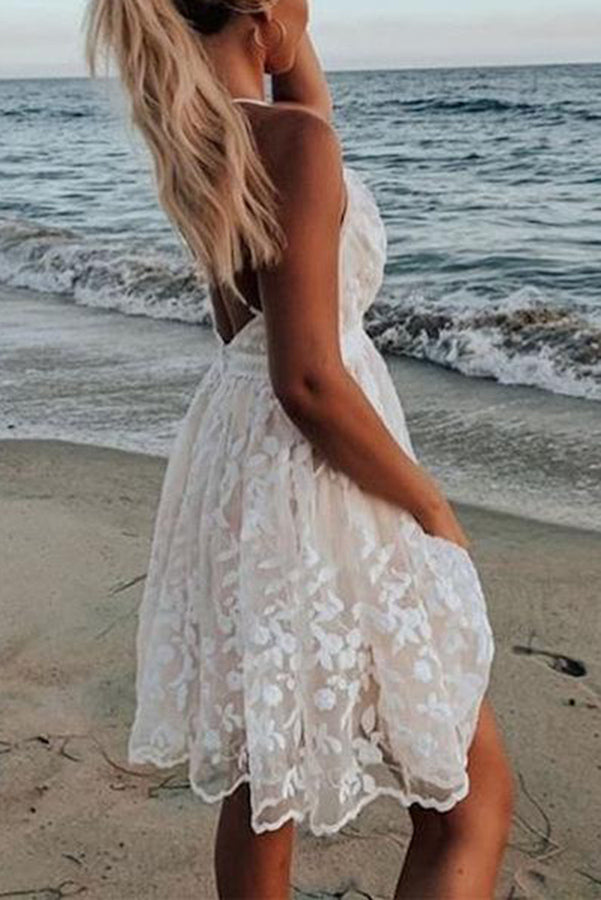 Dunnmall V-Neck Lace Embroidered White Dress