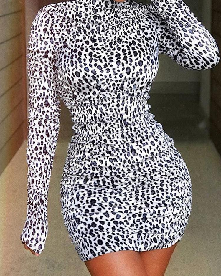 Dunnmall Leopard Print Scrunched Mini Dress