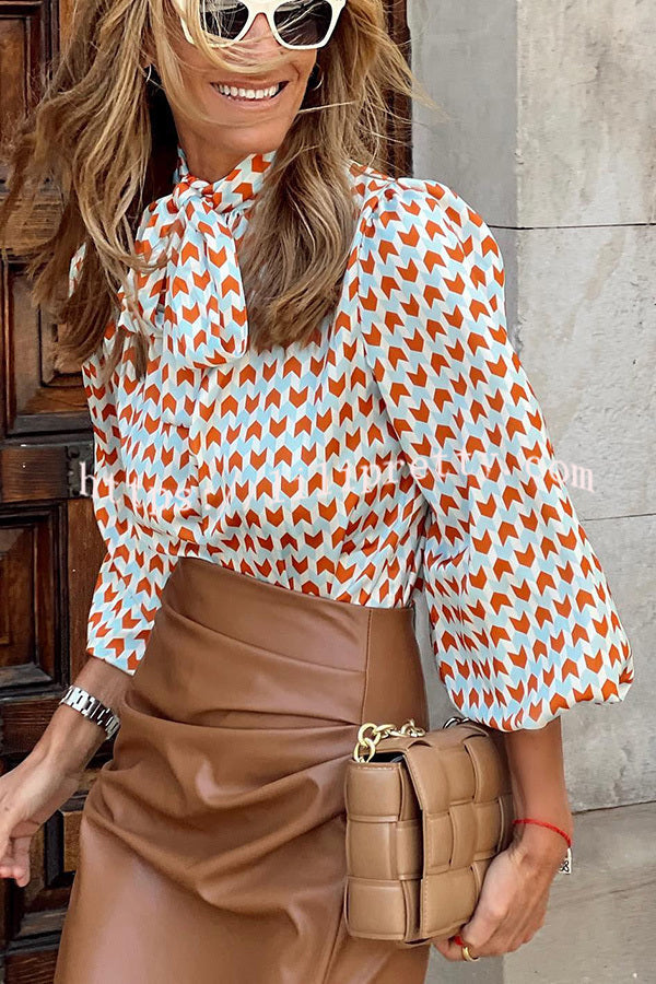 Dunnmall Ivanna Geometric Print Tie Puff Sleeve Blouse