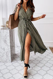 Dunnmall Fashion Dot Slit V Neck Printed Maxi Dresses(4 Colors)