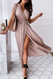 Dunnmall Fashion Dot Slit V Neck Printed Maxi Dresses(4 Colors)