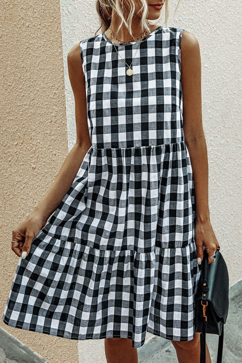 Dunnmall Fashion Street Plaid O Neck Princess Midi Dresses(3 Colors)