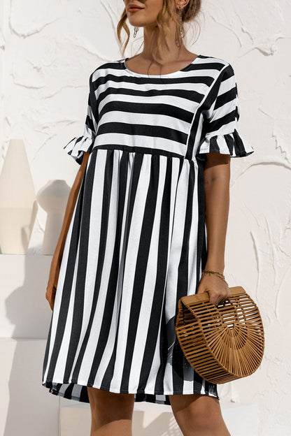 Dunnmall Fashion Casual Striped Split Joint O Neck A Line Dresses