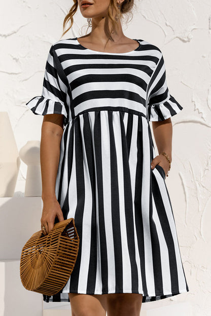 Dunnmall Fashion Casual Striped Split Joint O Neck A Line Dresses