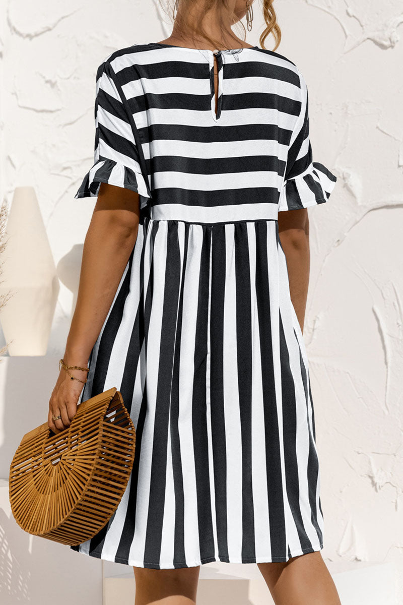 Dunnmall Fashion Casual Striped Split Joint O Neck A Line Dresses