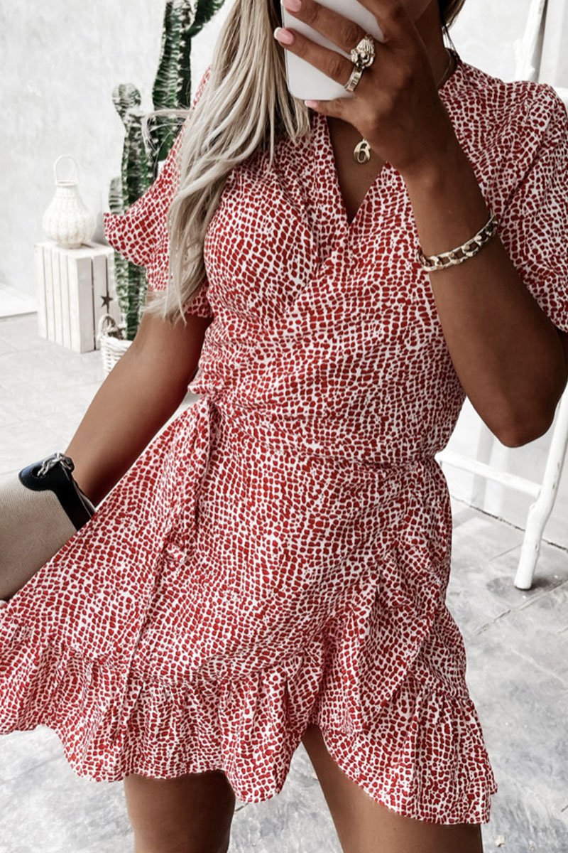 Dunnmall Fashion Sweet Print V Neck A Line Mini Dresses