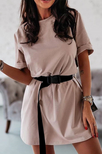 Dunnmall Casual Solid Basic With Belt O Neck T-shirt Dress Dresses