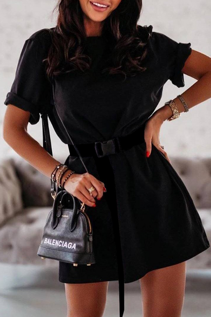 Dunnmall Casual Solid Basic With Belt O Neck T-shirt Dress Dresses